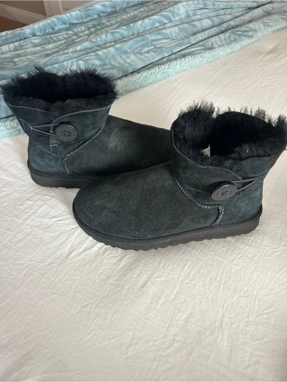 UGG Black Short Suede Shearling Button Boot